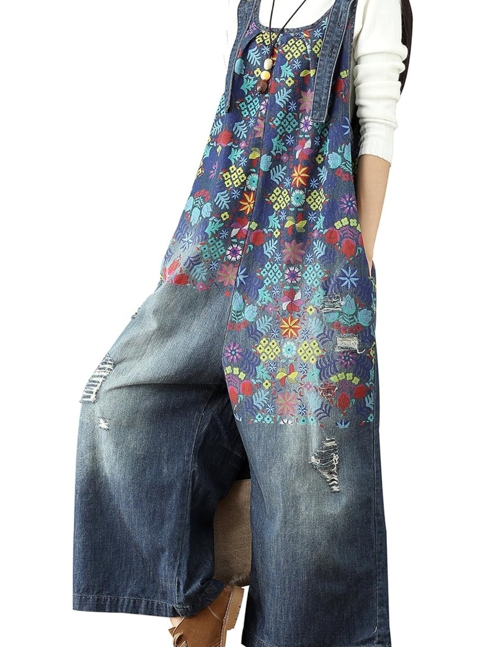 Embroidered Blue Denim Women's Overalls with Floral Motif NWT Size OS (One Size)